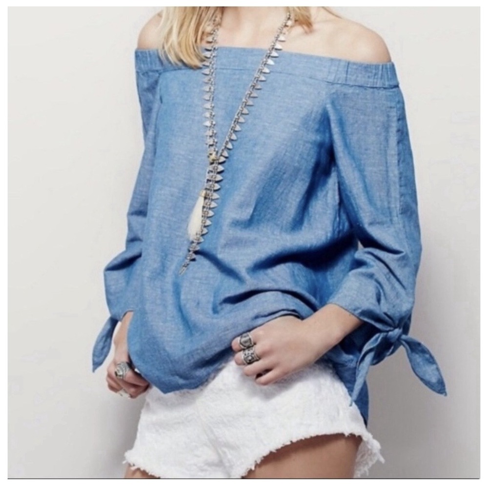 Free People‎ Linen Cotton Blue Chambray Off Shoulder Tie Sleeve Boho Top XS